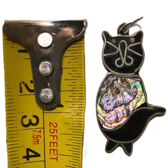 Vintage Abalone Alpaca (Mexican Silver)  and inlaid Enamel Cat Kitty Pendant - Picture 5 of 7